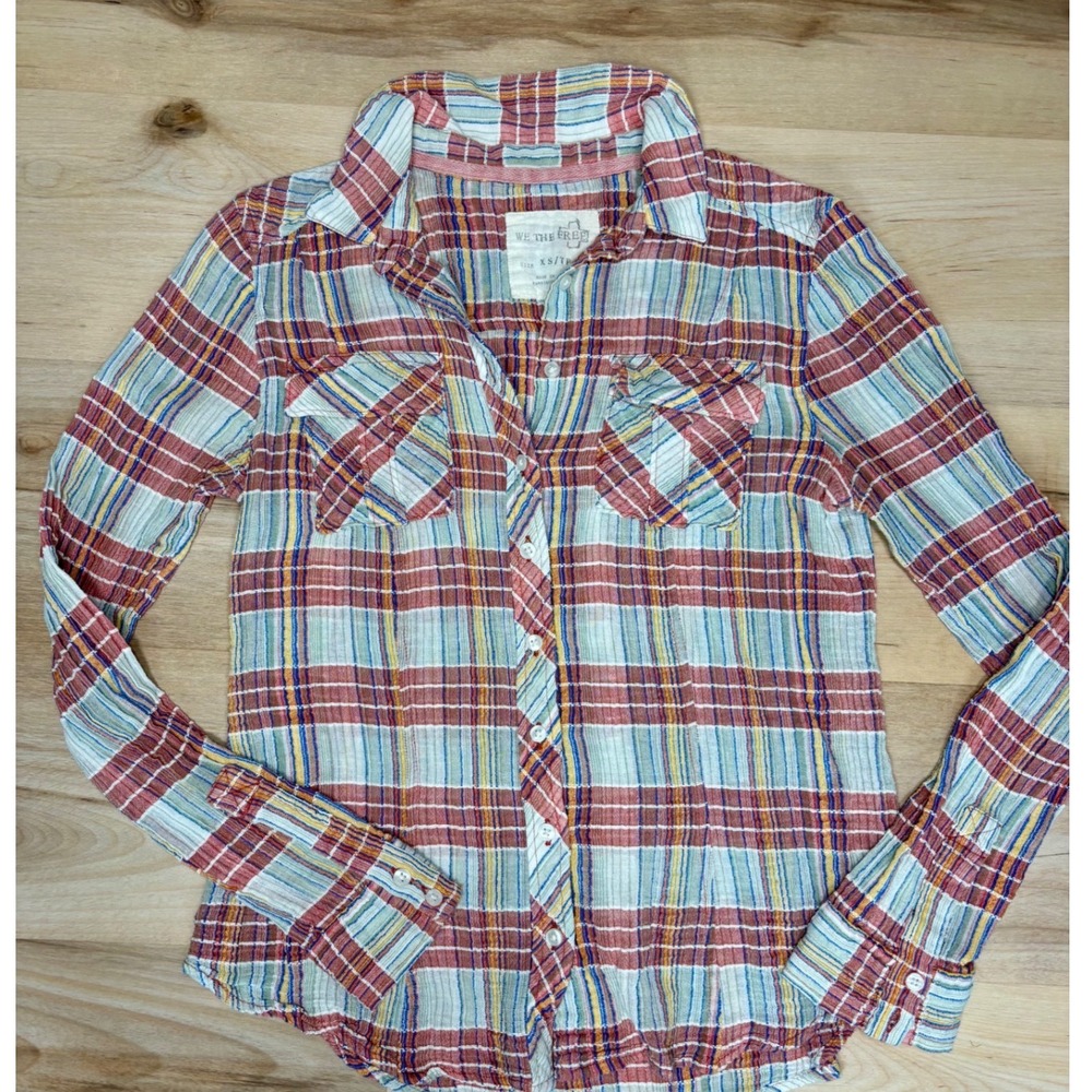 We The Free Free People Plaid Button Down Shirt Red Blue Cotton XS - Picture 3 of 10